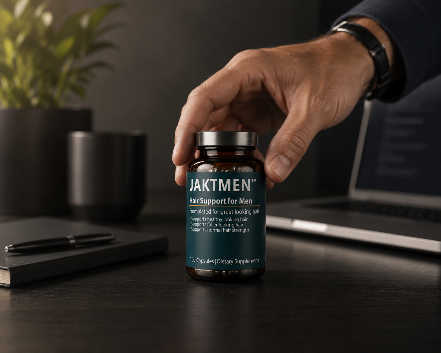 JAKTMEN’s daily hair support supplement made for any workday or workspace routine.