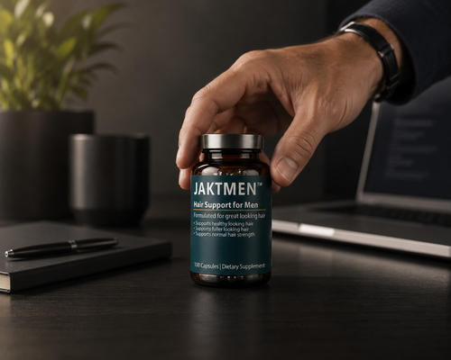 JAKTMEN’s daily hair support supplement made for any workday or workspace routine.