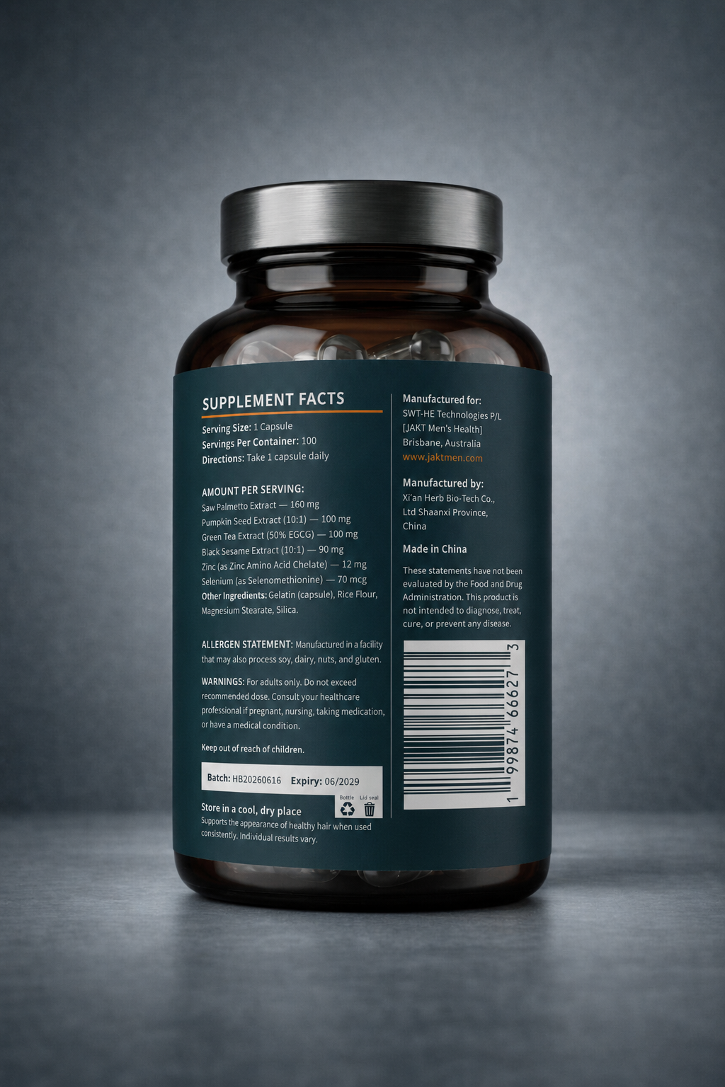 JAKTMEN Hair Support supplement bottle back label – ingredients and directions